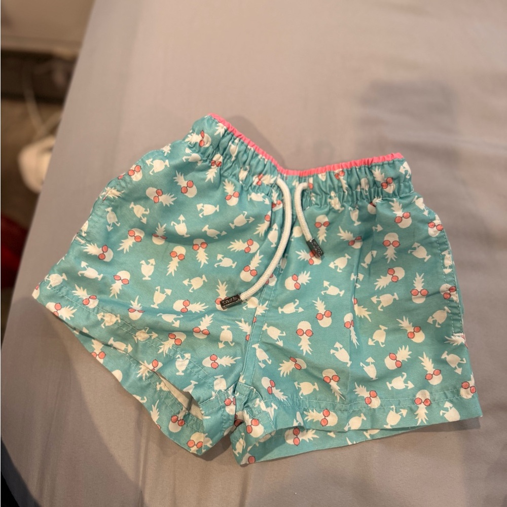 Kids Teal Pineapple Print Swim Trunks